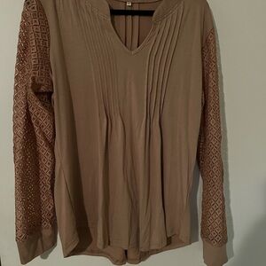 Elegant Tan Women's Top with Lace Sleeves